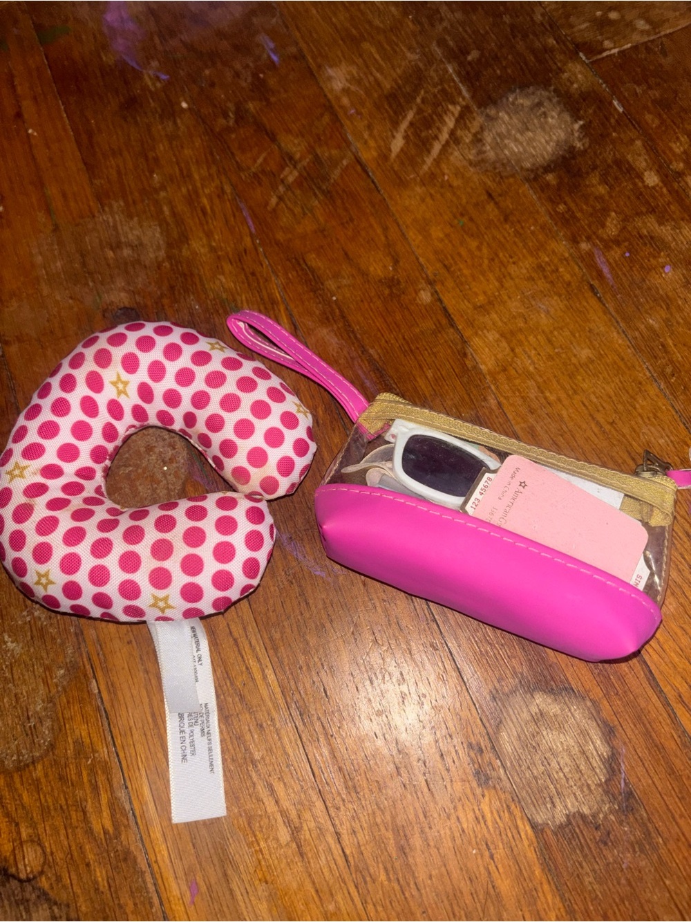 American Girl Pink Polka Dot Neck Pillow with Clear Pink Trim Wristlet